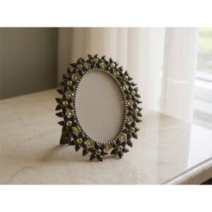 Oval Bejeweled Photo Frame Green Crystal Flower Embellished boho cottage core